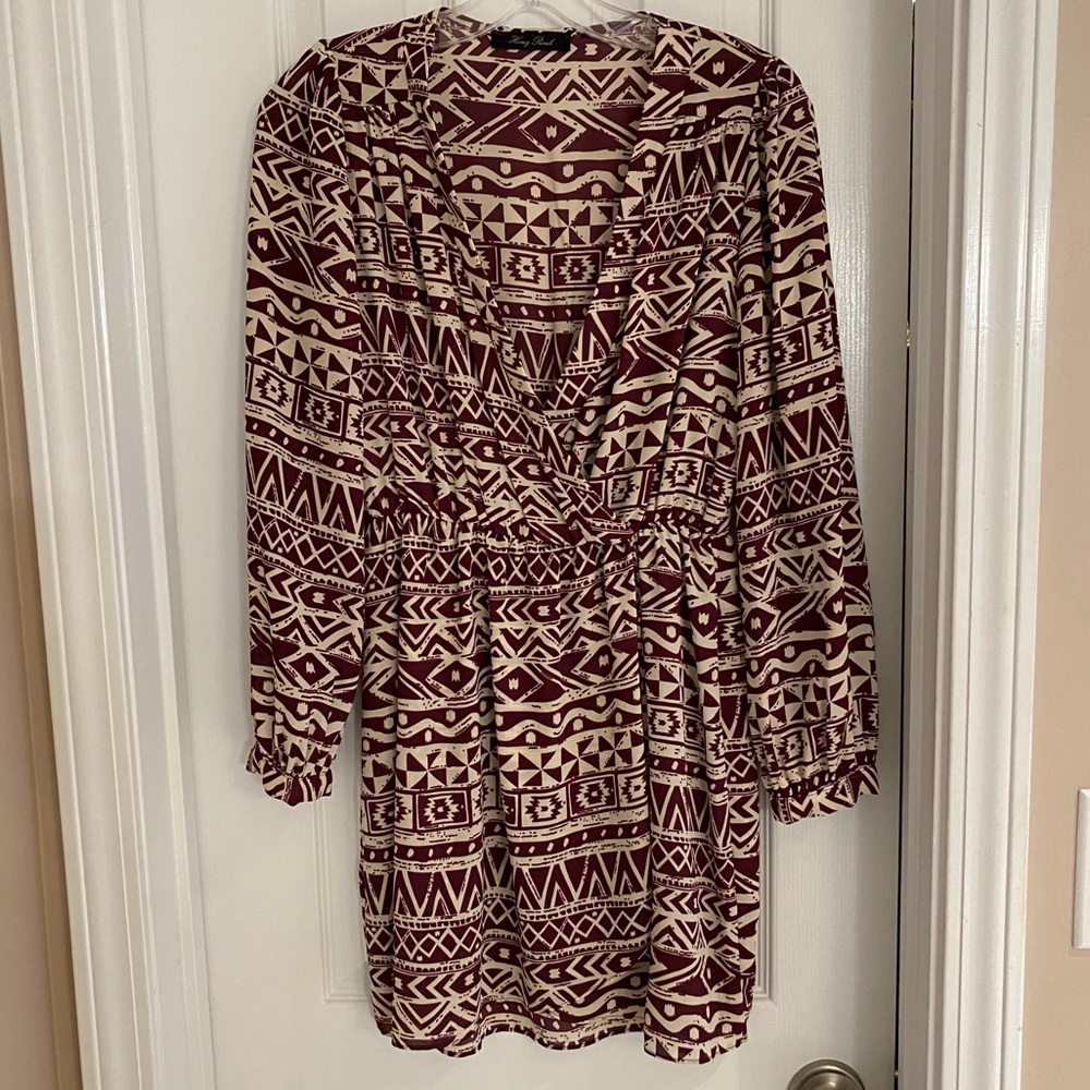 Honey Punch Maroon and White Tribal Pattern Dress